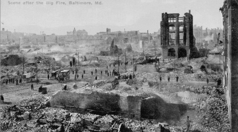 The Great Baltimore Fire struck Baltimore in the early 20th century. This photo depicts rubble and destruction that the fire brought to the city. CREDIT: Baltimore Fire Museum