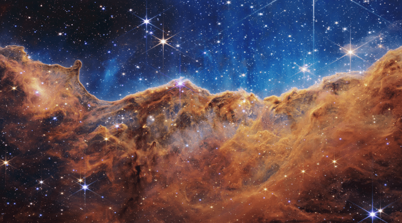 This landscape of "mountains" and "valleys" speckled with glittering stars is actually the edge of a nearby, young, star-forming region called NGC 3324 in the Carina Nebula. Captured in infrared light by NASA's new James Webb Space Telescope, this image reveals for the first time previously invisible areas of star birth. Credits: NASA, ESA, CSA, and STScI