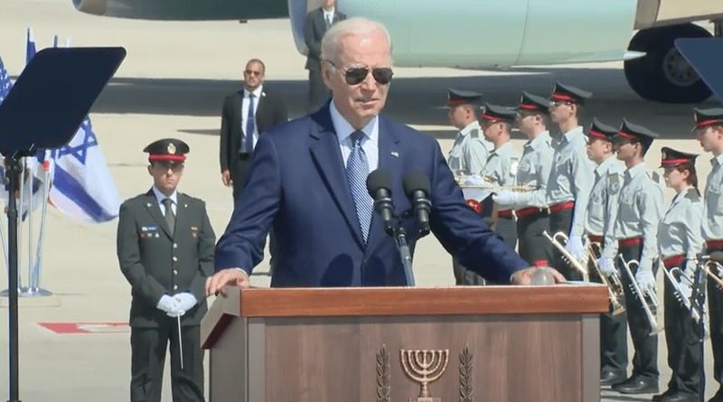 US President Joe Biden delivers remarks at arrival ceremony in Tel Aviv, Israel. Photo Credit: White House video screenshot