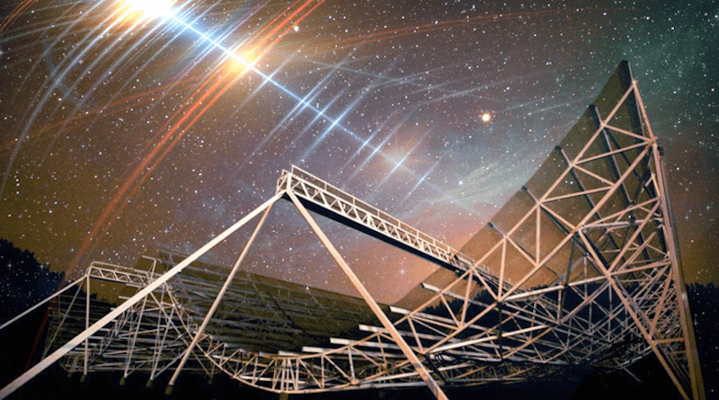 Astronomers detected a persistent radio signal from a far-off galaxy that appears to flash with surprising regularity. Named FRB 20191221A, this fast radio burst, or FRB, is currently the longest-lasting FRB, with the clearest periodic pattern, detected to date. Pictured is the large radio telescope CHIME that picked up the FRB. CREDIT: Photo courtesy of CHIME, with background edited by MIT News