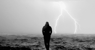 Lightning Sea Man Storm Rain Thunder Waves Water Extreme Weather Woman