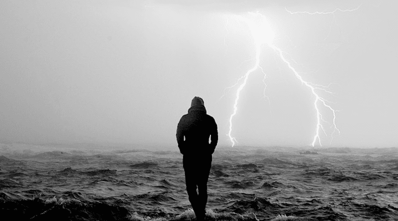 Lightning Sea Man Storm Rain Thunder Waves Water Extreme Weather Woman