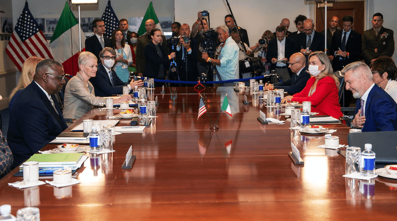 Secretary of Defense Lloyd J. Austin III and Italian Defense Minister Lorenzo Guerini engage in a bilateral exchange at the Pentagon, July 14, 2022. Photo Credit: Navy Petty Officer 2nd Class James K. Lee, DOD