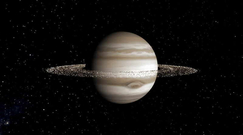 UCR astrophysicist Stephen Kane created a simulation of what Jupiter would look like with giant rings like Saturn's. CREDIT: UCR/Stephen Kane