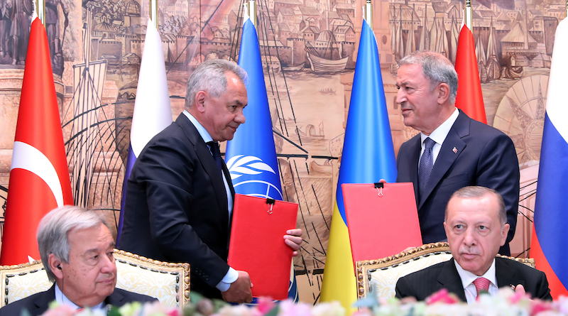 Turkish President Recep Tayyip Erdogan, right, and U.N. Secretary General Antonio Guterres lead a signing ceremony at Dolmabahce Palace in Istanbul, Turkey, Friday, July 22, 2022. Photo Credit: Turkish President's Office