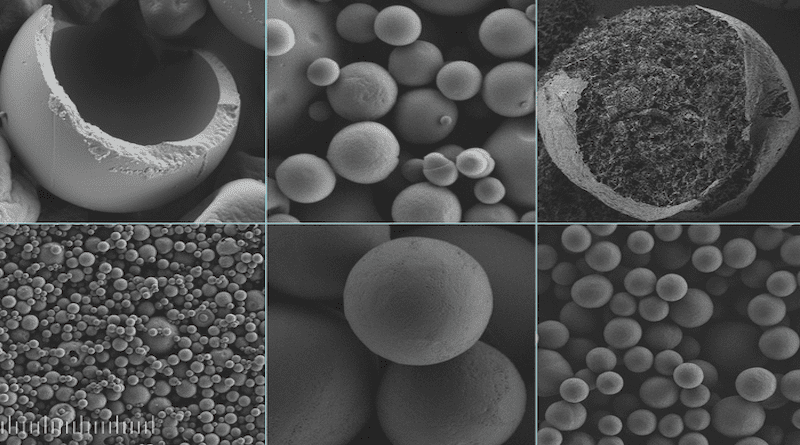 These scanning electron microscope images show silk-coated microcapsules containing vitamin C, at different scales of detail. On the left, and top center, samples made by spray drying, a method already widely used in industry. On the right and at bottom center, samples made by ultrasonic spray freeze drying, a method used by the researchers to reveal greater detail of the process involved. Credits: SEM images by Muchun Liu, edited by MIT News