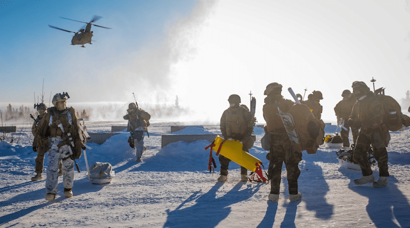 Marines consolidate after a raid on a long-range radar site during U.S. Northern Command Exercise Arctic Edge 20 in at Fort Greely, Alaska, Feb. 27, 2020. Photo Credit: Marine Corps Lance Cpl. Jose Gonzalez