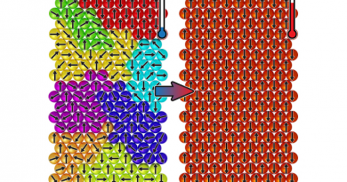 At cooler temperatures, the spins in the material form random patterns, where each pattern whirls like a helix with a particular twist. When heating up the material, the spins choose one of the particular helix patterns, a phenomenon that normally occurs when the temperature decreases in magnetic materials. CREDIT: Radboud University