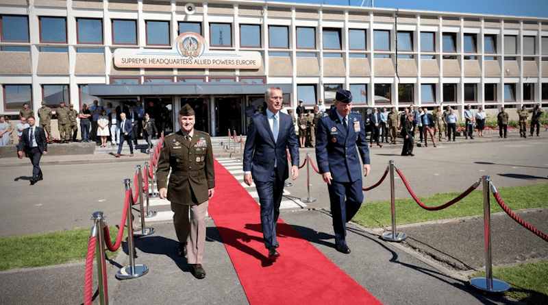 NATO Secretary General Jens Stoltenberg with outgoing General Tod Wolters of the US Air Force and incoming General Christopher Cavoli of the US Army. Photo Credit: NATO