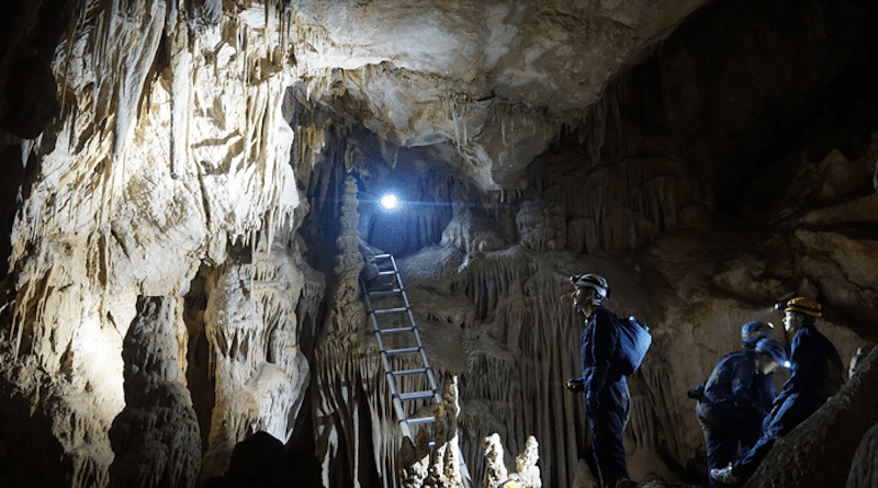 A recent study co-led by WHOI found that the Azores High ridge has expanded dramatically in the past century, resulting from a warming climate due to a rise in anthropogenic greenhouse gas concentrations. Researchers associated with the study collect data inside the Buraca Gloriosa cave in western Portugal, a site of the stalagmite hydroclimate proxy record. Image credit: Diana Thatcher/ © Iowa State University