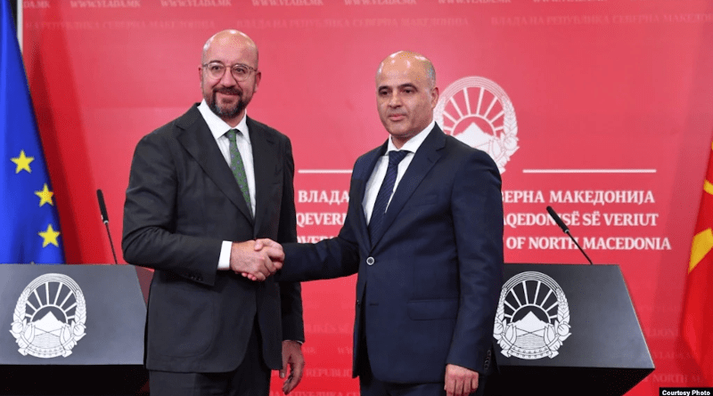European Council President Charles Michel (left) shakes hands with Macedonian Prime Minister Dimitar Kovachevski at a joint press conference in Skopje on July 5. Photo Credit: Via RFE/RL