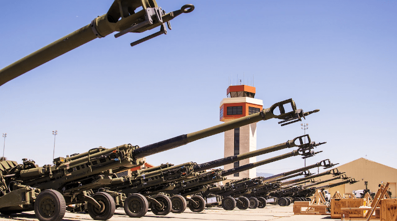 Marine Corps 155 mm M777 towed howitzers are staged on the flightline before being loaded onto an Air Force C-17 Globemaster III aircraft at March Air Reserve Base, Calif., April 22, 2022. The howitzers are included in U.S. and allied efforts to identify and provide Ukraine with additional capabilities. Photo Credit: Marine Corps Cpl. Austin Fraley
