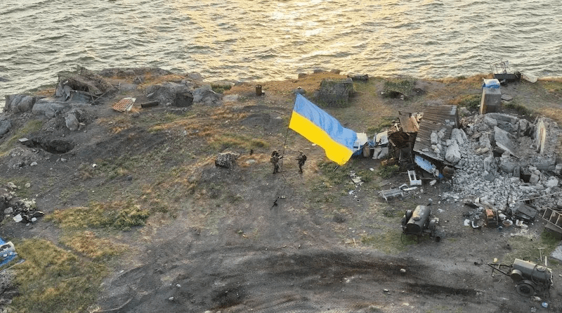 Ukrainian flag flies over the Snake Island. Photo Credit: Ukraine Defense Ministry