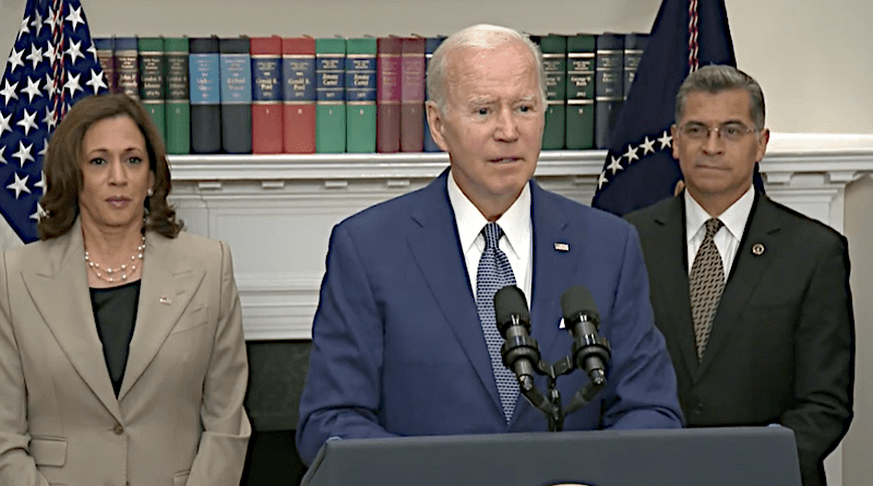 US President Joe Biden, joined by the Vice President Kamala Harris and the Secretary of Health and Human Services Xavier Becerra. Photo Credit: White House video screenshot