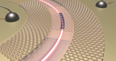 An artistic rendering of a silicon-based switch that manipulates light through the use of phase-change material (dark blue segment) and graphene heater (honeycomb lattice). CREDIT: Zhuoran Fang
