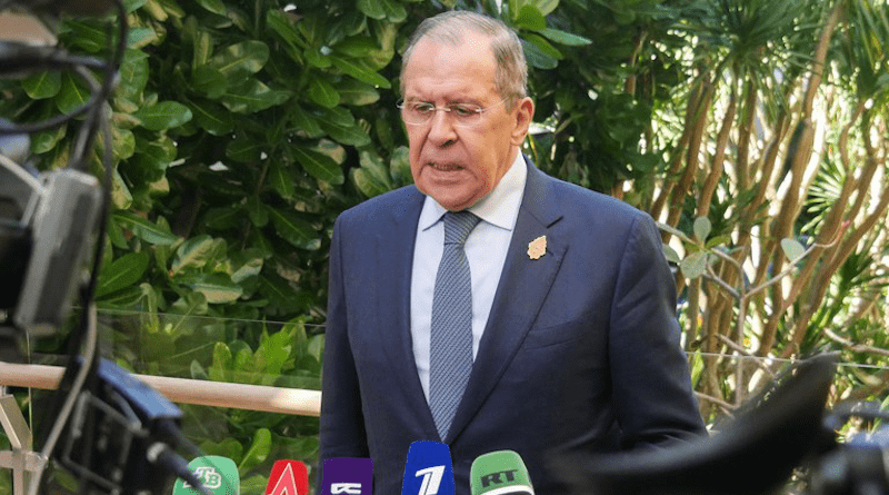 Russian Foreign Minister Sergey Lavrov speaks to reporters during the G20 Foreign Ministers’ Meeting at the Mulia Hotel in Nusa Dua, Bali, Indonesia, July 8, 2022. [Joan Tanamal/BenarNews]