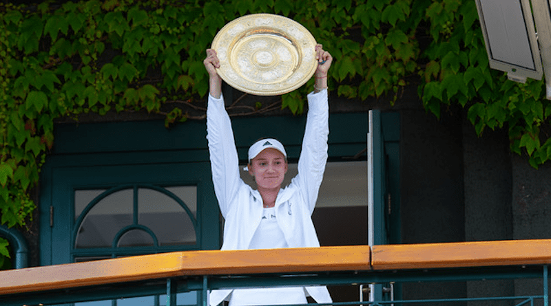 Elena Rybakina with the 2022 Wimbledon women's trophy. Photo Credit: Peter Menzel, Wikipedia Commons