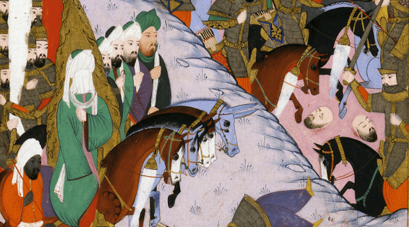 Detail from The Prophet Muhammad and the Muslim Army at the Battle of Uhud - Miniature from volume 4 of a copy of Mustafa al-Darir’s Siyar-i Nabi (Life of the Prophet). ”The Prophet Muhammad and the Muslim Army at the Battle of Uhud” Turkey, Istanbul; c. 1594. Credit: Wikipedia Commons