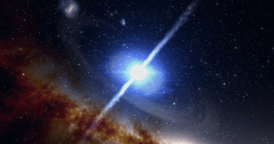 This artist's impression illustrates the merger of two neutron stars, which produces the remarkably brief (1- to 2-second) yet intensely powerful event known as a short gamma-ray burst. The corresponding explosion, known as a kilonova, also forges the heaviest elements in the Universe, such as gold and platinum. Recent observations have found that some of these bursts, rather than occurring in the vastness of intergalactic space as was initially suggested, actually happen in previously undiscovered galaxies in the very distant Universe, up to 10 billion light-years away. NOIRLabs’ two Gemini telescopes were instrumental in helping make this discovery. CREDIT: NOIRLab/NSF/AURA/J. da Silva/Spaceengine