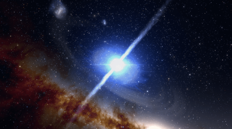This artist's impression illustrates the merger of two neutron stars, which produces the remarkably brief (1- to 2-second) yet intensely powerful event known as a short gamma-ray burst. The corresponding explosion, known as a kilonova, also forges the heaviest elements in the Universe, such as gold and platinum. Recent observations have found that some of these bursts, rather than occurring in the vastness of intergalactic space as was initially suggested, actually happen in previously undiscovered galaxies in the very distant Universe, up to 10 billion light-years away. NOIRLabs’ two Gemini telescopes were instrumental in helping make this discovery. CREDIT: NOIRLab/NSF/AURA/J. da Silva/Spaceengine