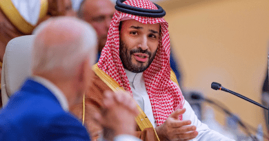 Saudi Crown Prince Mohammed bin Salman delivers a speech at the summit as US President Joe Biden listens. (SPA)