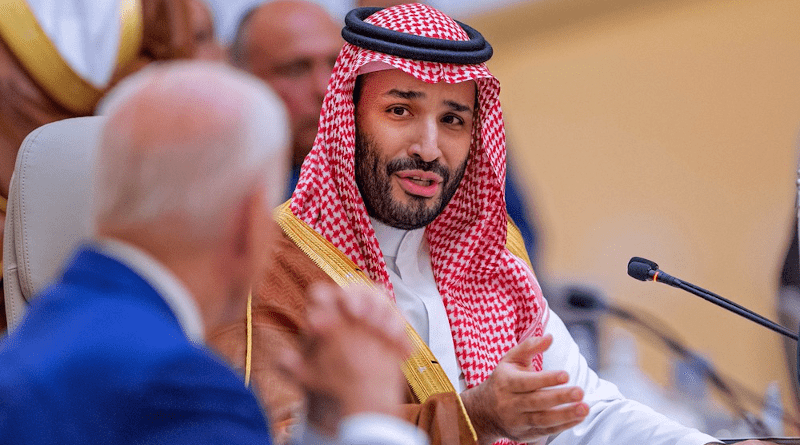 Saudi Crown Prince Mohammed bin Salman delivers a speech at the summit as US President Joe Biden listens. (SPA)