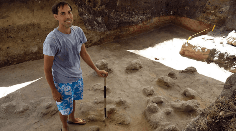 University of Guam archaeologist Michael Carson at the 2013 excavation of Sanhalom, near the House of Taga, on the island of Tinian in the Northern Mariana Islands. The excavation uncovered an octopus lure artifact from a layer that Carson has since carbon dated to 1500–1100 B.C., making it the oldest known artifact of its kind in the world. CREDIT: Micronesian Area Research Center, University of Guam