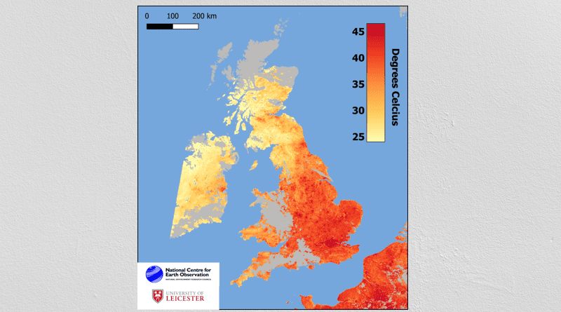 Map showing measured land surface temperature of the UK, detected at approximately 10.20am on Monday 18 July 2022 by Sentinel-3 (ESA). Credit: NCEO/University of Leicester