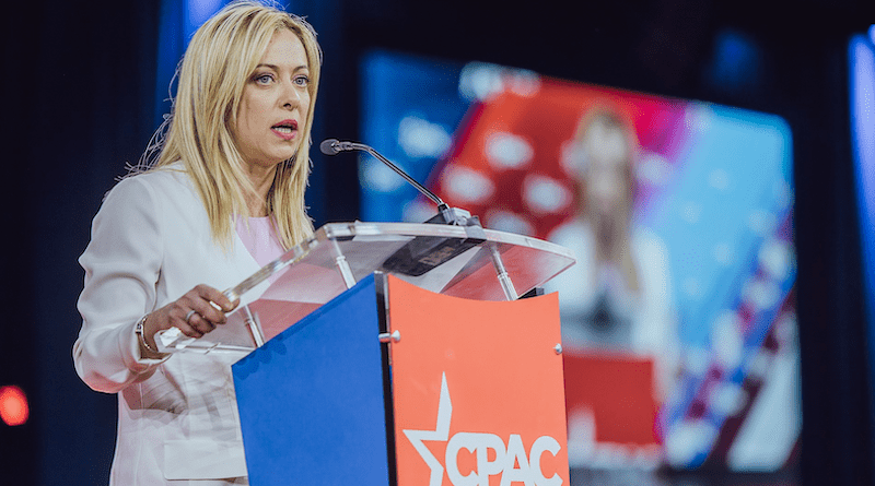 Italy's Giorgia Meloni speaking at CPAC 2022. Photo Credit: Vox España, Wikipedia Commons