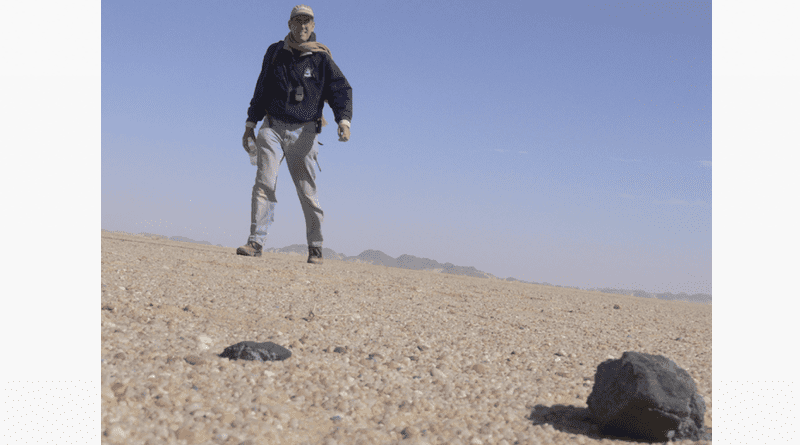 Meteorites from the backside of asteroid 2008 TC3 as Jenniskens found them on the ground in the Nubian Desert of Sudan. Photo: P. Jenniskens CREDIT SETI Institute/NASA Ames Research Center