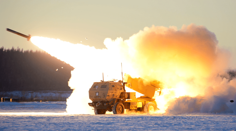 An Army M142 high mobility artillery rocket system launches ordnance during Exercise Red Flag-Alaska at Fort Greely, Alaska, Oct. 22, 2020. Air Force Senior Airman Beaux Hebert