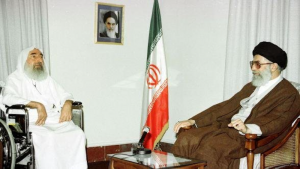 Hamas founding leader Ahmad Yassin (left) with Iran's supreme leader Ali Khamenei in Tehran. Photo Credit: Khamenei.ir