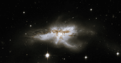 A galaxy known as NGC 6240 is a peculiar, butterfly- or lobster-shaped galaxy consisting of two smaller merging galaxies. NGC 6240 is one of the galaxies included in the sample the team studied. CREDIT: NASA, ESA, the Hubble Heritage-Hubble Collaboration, and A. Evans.
