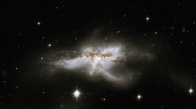 A galaxy known as NGC 6240 is a peculiar, butterfly- or lobster-shaped galaxy consisting of two smaller merging galaxies. NGC 6240 is one of the galaxies included in the sample the team studied. CREDIT: NASA, ESA, the Hubble Heritage-Hubble Collaboration, and A. Evans.
