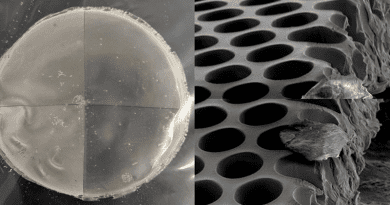 Penn State researchers will fabricate membranes with different surface pattern geometries and sizes to use in membrane capacitive deionization. The full membrane is seen at left, and at right, a portion of the membrane is seen under an electron microscope. The tiny wells allow sodium and chloride ions be filtered out of unclean water. CREDIT: Arges Lab/Penn State