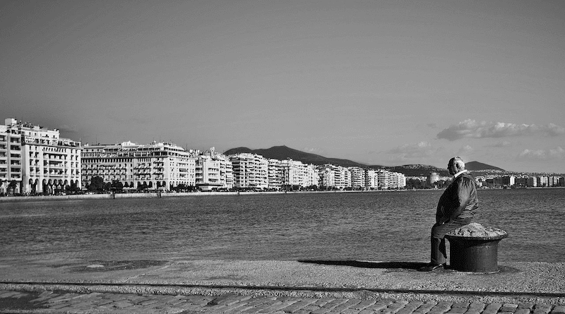 Greece Buildings Boardwalk Cobblestone Bay Water Elderly Man