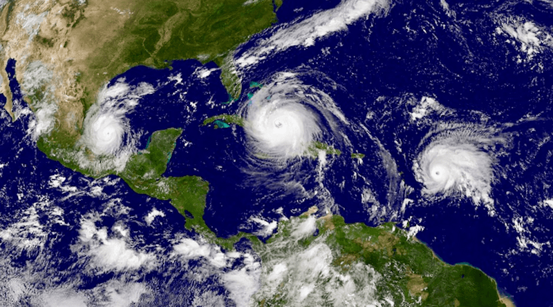 A satellite image from the National Oceanic and Atmospheric Administration captures an active hurricane season which included Hurricanes Katia and Irma and Tropical Storm Jose (from left to right) on September 8, 2017 CREDIT: NOAA