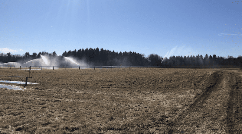 Treated wastewater effluent is sprayed at Penn State’s beneficial reuse site, the “Living Filter.” This diverts the wastewater from Spring Creek and allows the soil to act as a natural filter for any chemical residuals that remain in the wastewater. CREDIT: Heather Preisendanz, Penn State