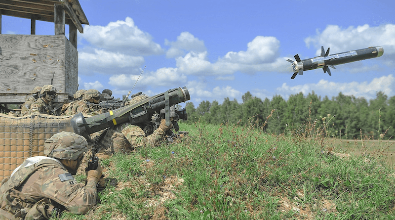 A U.S. Army paratrooper fires an FGM-148 Javelin shoulder-fired, anti-tank missile during a combined arms live-fire exercise at Grafenwoehr Training Area, Germany, August 21, 2019. Javelin missiles have been pulled from U.S. military inventory to be sent to Ukraine. Photo Credit: Army Sgt. Henry Villarama