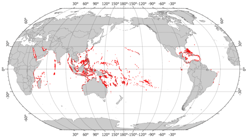 Global coral reef distribution (red dots) CREDIT: Millennium Coral Reef Mapping Project/World Atlas of Coral Reefs