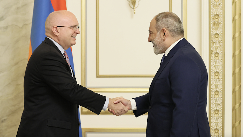 U.S. Co-chair of the OSCE Minsk Group, Senior Advisor on Caucasian Negotiations Philip Reeker with Armenia's Prime Minister Nikol Pashinyan. Photo Credit: Armenia Prime Minister office