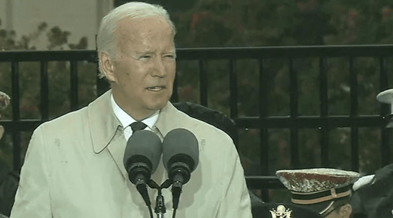 President Joe Biden delivers remarks during a 9/11 memorial ceremony at the Pentagon, Sept. 11, 2022. Photo Credit: DOD screenshot