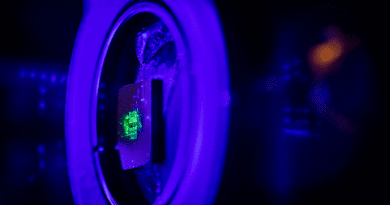Green laser light illuminates a metasurface that is a hundred times thinner than paper, that was fabricated at the Center for Integrated Nanotechnologies. CINT is jointly operated by Sandia and Los Alamos national laboratories for the Department of Energy Office of Science. CREDIT: Craig Fritz, Sandia National Laboratories