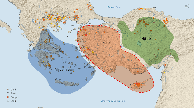 Previously acknowledged Late Bronze Age cultures in the North-eastern Mediterranean with the addition of a Luwian sphere of influence in western Asia Minor, and also indicating ore deposits (Luwian Studies #0109).