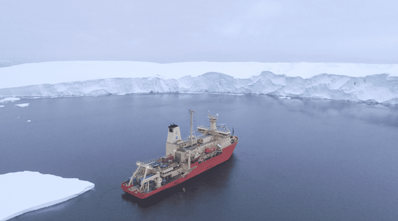 The R/V Nathaniel B. Palmer photographed from a drone at Thwaites Glacier ice front in February 2019. CREDIT: Alexandra Mazur/University of Gothenburg