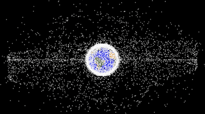 Simulation of orbital debris around Earth demonstrating the object population in the geosynchronous region. Credits: NASA ODPO