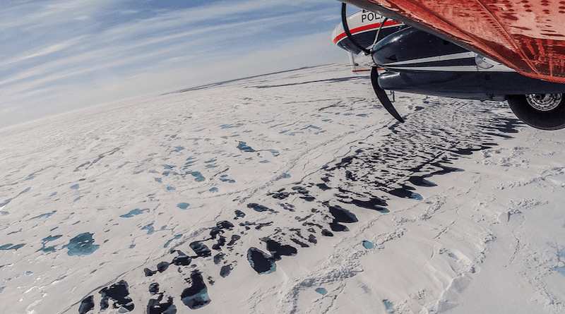 The image shows melting sea ice in the Arctic photographed from the Alfred Wegener Institute’s airborne sea-ice survey IceBird. CREDIT: Alfred-Wegener-Institute / Esther Horvath