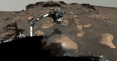 NASA's Perseverance rover puts its robotic arm to work around a rocky outcrop called "Skinner Ridge" in Mars' Jezero Crater. Composed of multiple images, this mosaic shows layered sedimentary rocks in the face of a cliff in the delta, as well as one of the locations where the rover abraded a circular patch to analyze a rock's composition. Credits: NASA/JPL-Caltech/ASU/MSSS