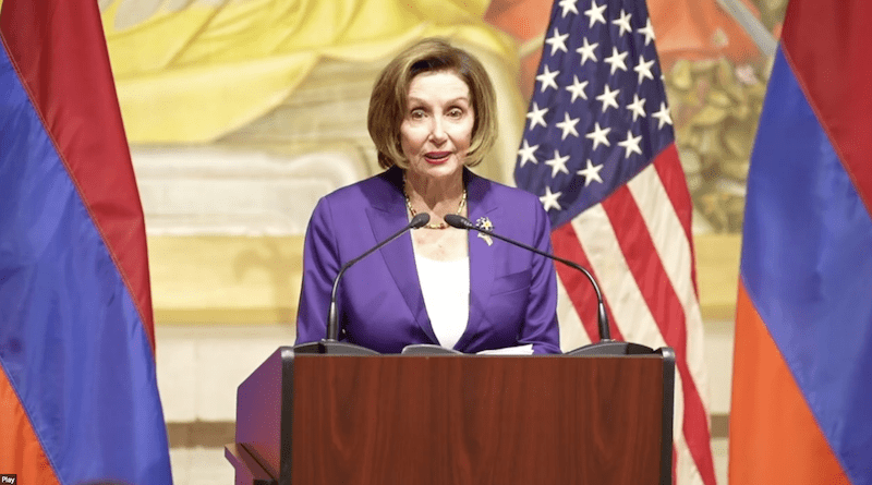 U.S. House of Representatives Speaker Nancy Pelosi gives remarks at Cafesjian Center for the Arts, Yerevan, Armenia. Photo Credit: Twitter, Screenshot of video, Nancy Pelosi