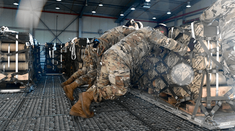 Air Force airmen assigned to the 721st Aerial Port Squadron load pallets of ammunition that will be transferred to a C-130 Hercules at Ramstein Air Base, Germany, Aug. 7, 2022. The ammunition is being delivered to Ukrainian forces. Photo Credit: Air Force Capt. Emma Quirk